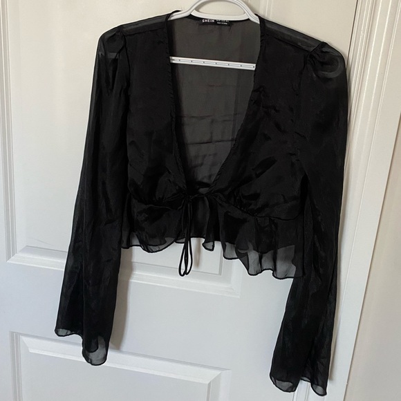 Black Mesh Long Sleeve Blouse - Picture 2 of 4